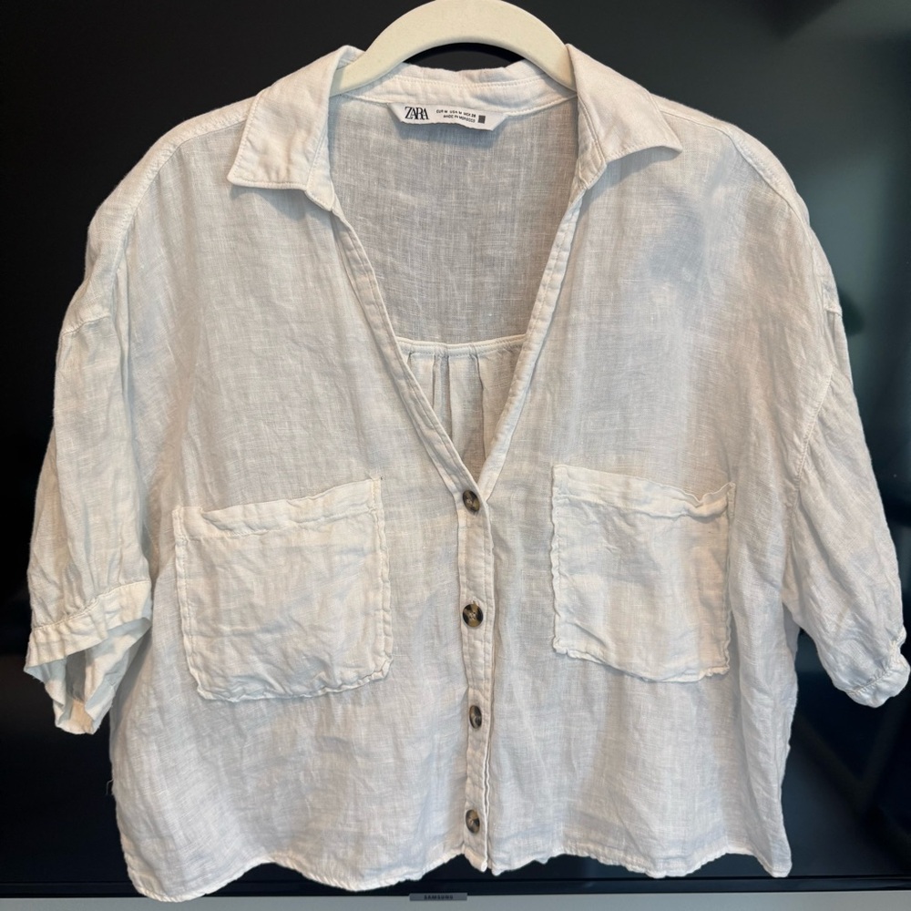 Zara White Linen Button-Up Shirt